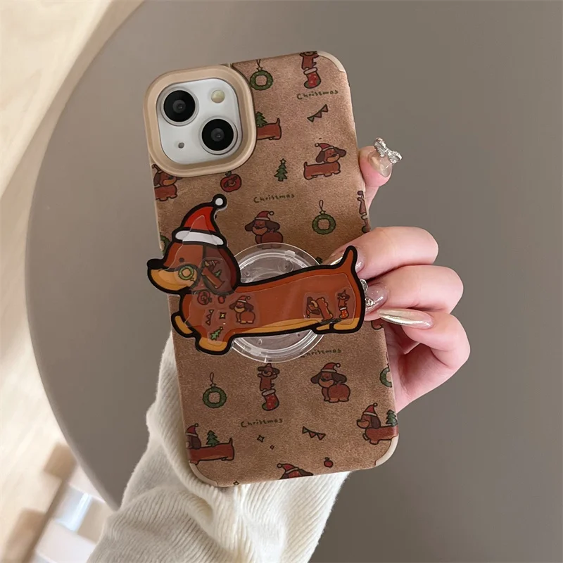 Cartoon Dog Christams Stand Phone Case For iPhone 16 Pro 14 12 13 Pro Max Cover with Holder Silicone Cases For Apple 15 Pro Capa