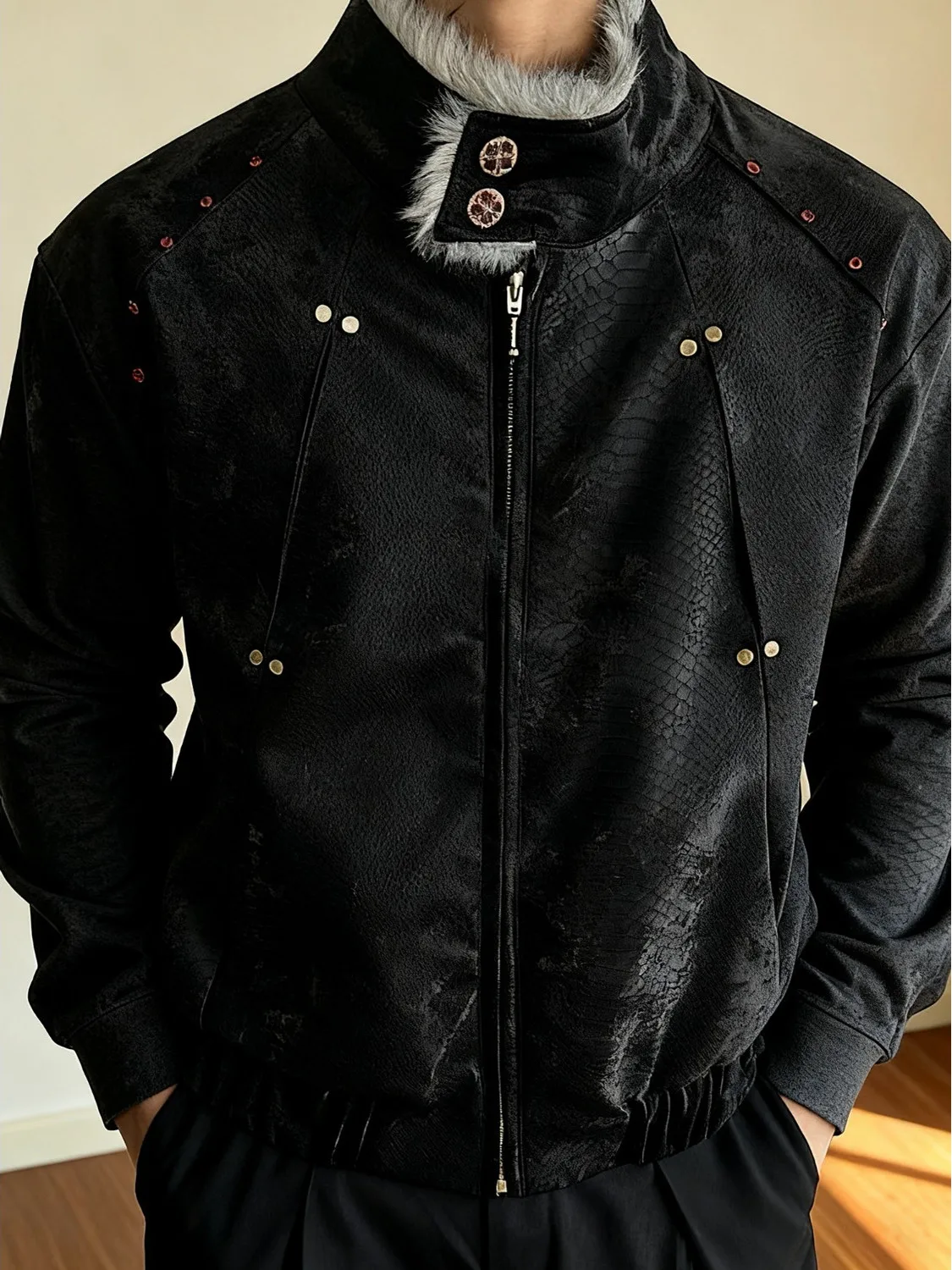 

American Sle Thiened Winter Jaet Men's Fur Wolf Hair Patterned Mountain Eagle Coat Warm Cotton Clothes Long Sve ...