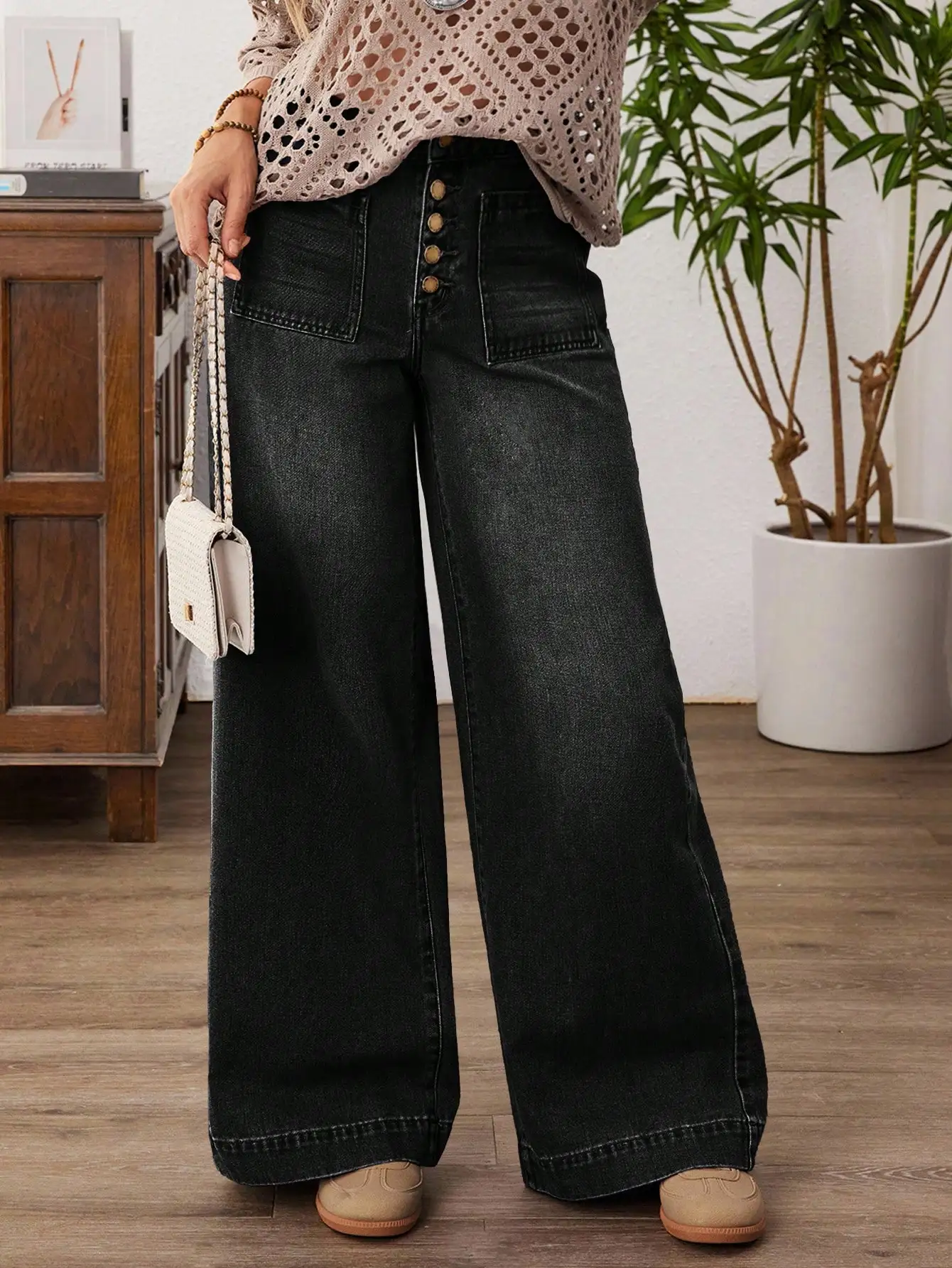 

Джинсы с высокой талией и широкими штанинами больших размеров, с пуговицами спереди, повседневные, из выстиранного денима, для зимы