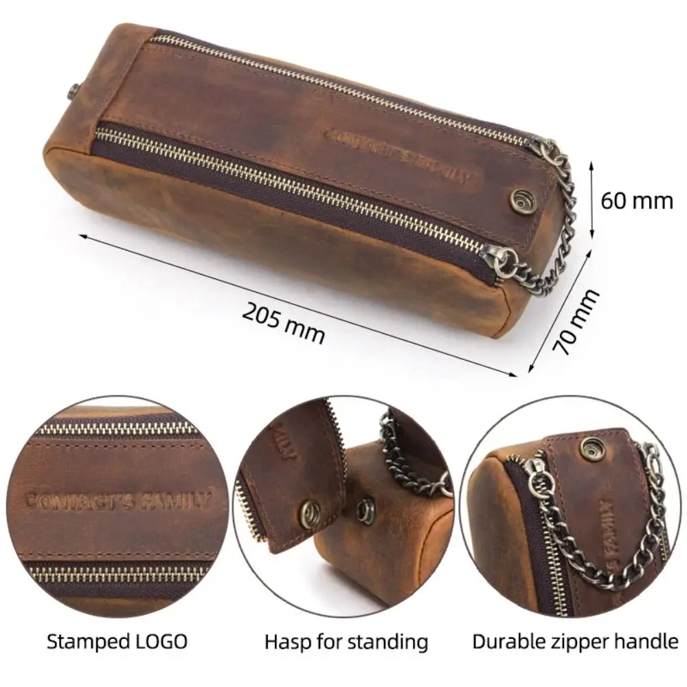 Portable Large Capacity Zipper Pen Pencil Case Leather Handmade Pen Pouch Holder Vintage Durable Desktop Organizer Stationary