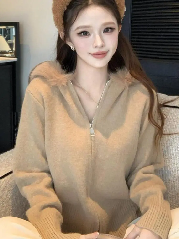 Autumn Winter Beige Long Sleeve Versatile Zipper Sweater Women's Khaki Office Lady Hooded Cardigan Short Knitted Tops Streetwear