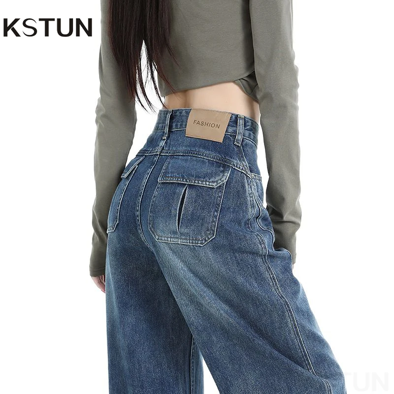 KSTUN 2026 Spring Women's Elegant Jeans High Waist Wide Leg Denim Pants Patchwork Streetwear Trendy Pockets Lady Long Trousers
