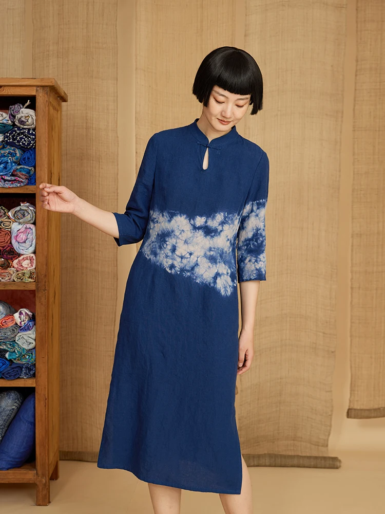 

Женское художественно окрашенное льняное платье-ципао миди с рукавами три четверти, высоким разрезом, для повседневной носки, в традиционном китайском стиле