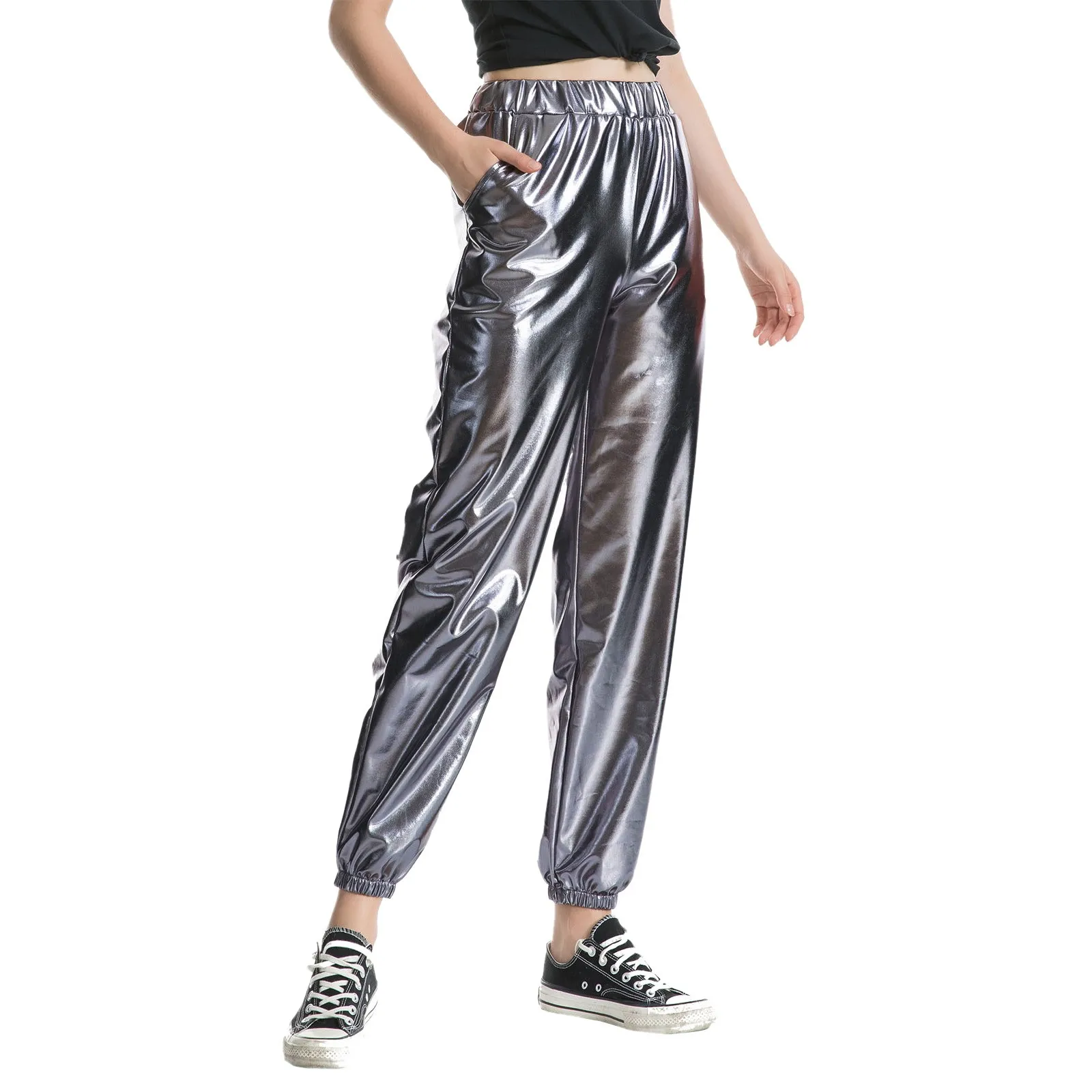 

High Waist Metallic Shiny Jogger Casual Holographic Color Streetwear Trousers Women Fashion Smoothy Reflective Pants Hip Hop