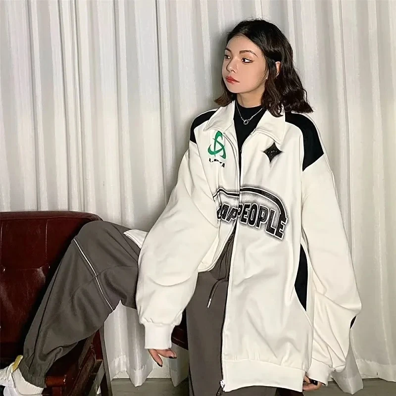 Y2k Fashion Harajuku Vintage Oversized Women Sweatshirts Grunge Korean Streetwear Black White Zip Up Hoodies Female Hip Hop Tops