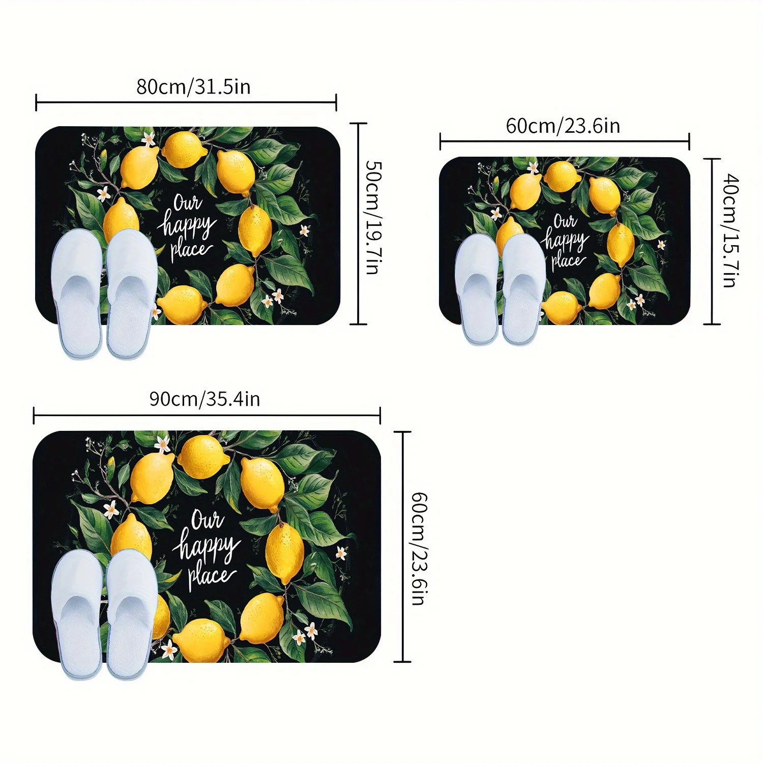 2D Flat Lemon Wreath Happy Place Flannel Door Mat Non Slip Citrus Fruit Theme Rug for Kitchen Entryway Summer Decor