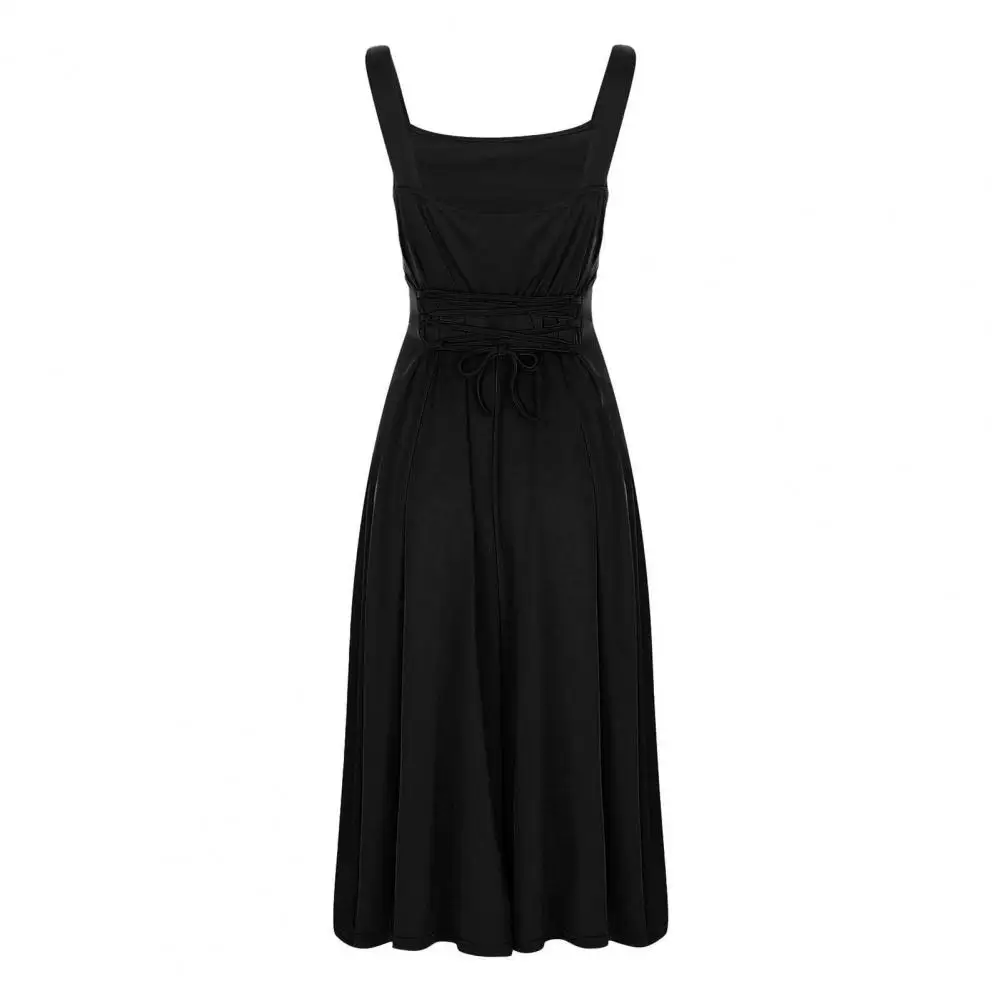 Elegante vestido midi de pescoço quadrado para mulheres, bainha fluida linha A, vestido sem costas com cintura alta para namorar e pendular óleo