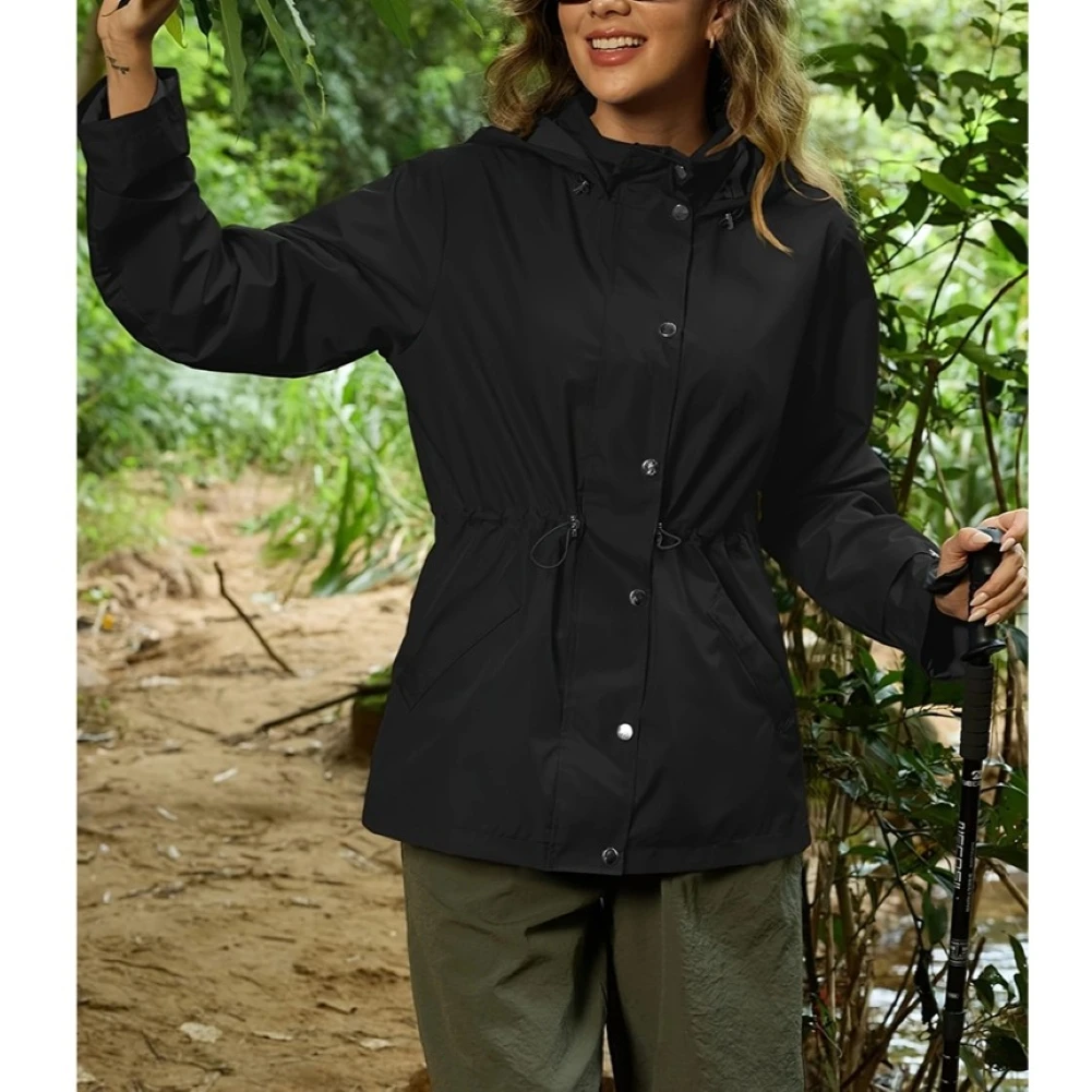 Womens Regular Fit Hooded Trench Coat with Stand Collar Snap Buttons Windproof Fabric and Drawstring Waist Trim