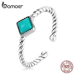 Bamoer 925 Sterling Silver Open Size Turquoise Round Bead Ring for Women Stackable Bead Fashion Girl Anillos Fine Jewelry Gifts