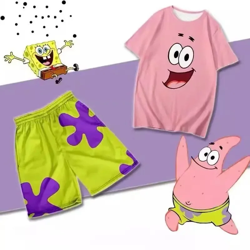 Hot Selling SpongeBob SquarePants Octopus Brother Summer Children's 3D T-shirt, Casual Sports Shorts, Parent Child Couple Dress
