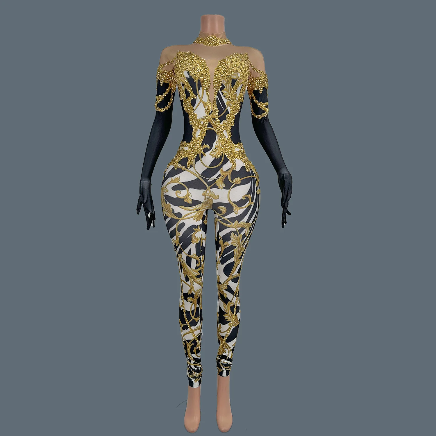 Sparkly Gold Rhinestones Tight Jumpsuit Women Sexy Printed Performance Dance Costume Nightclub Bar Stage Activity Clothing Xiama