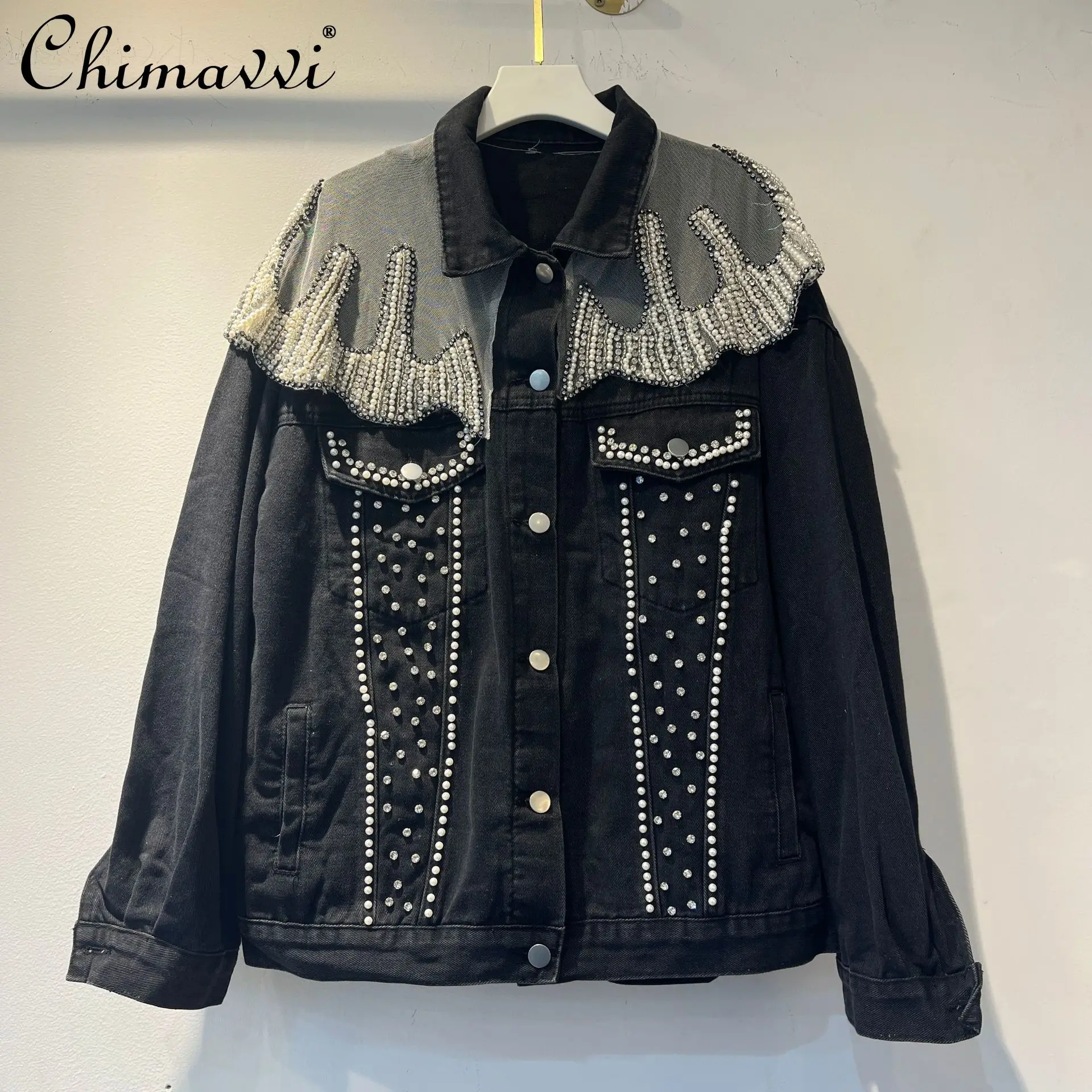 

2026 Spring Clothes New Fashion Long Sleeve Denim Jacket for Women Heavy Embellished Loose Streetwear Jeans Coat Tops