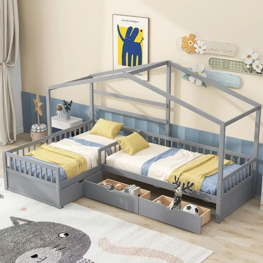 

Twin Size Platform Bed with Storage Drawers, Suitable for Boys and Girls, Gray, No Box Spring Needed