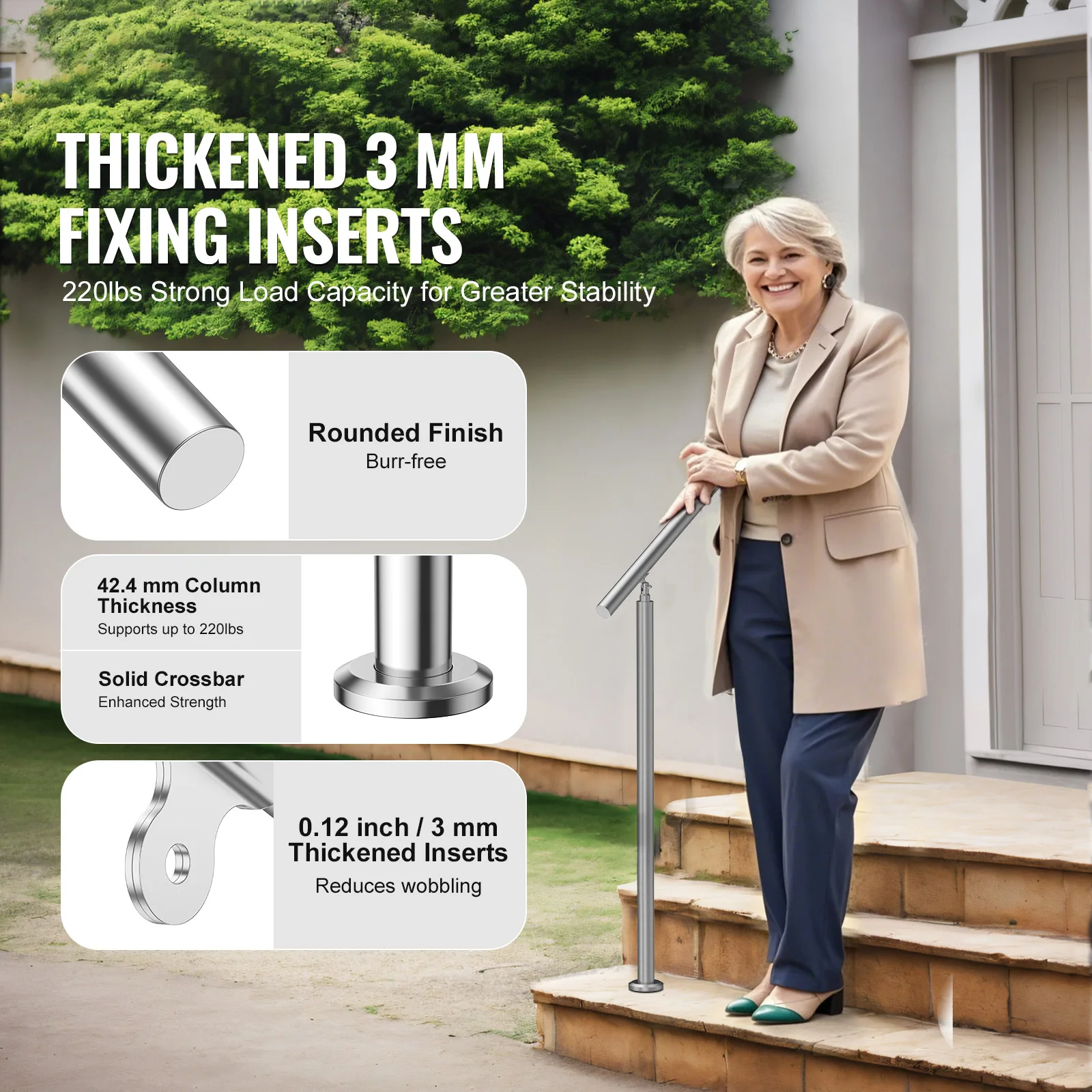 SucceBuy Handrail for Outdoor Transitional Stainless Steel Railings with Installation Kit Double-column Staircase for Porch Deck
