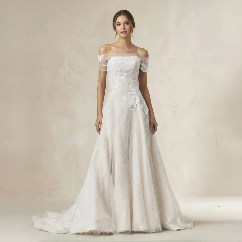 

Off The Shoulder Appliqued A Line Wedding Dress In White Sheer Tulle Sleeves Floral Appliques Jacquard Tulle Skirt Evening Gowns