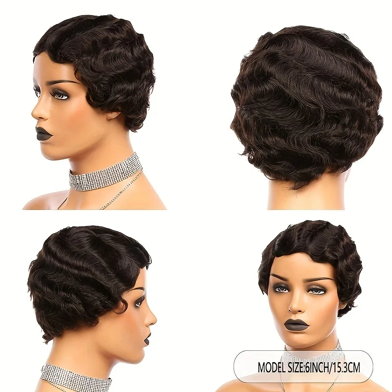 short pixie cut wave human hair finger wave for women full machine made  human hair wig