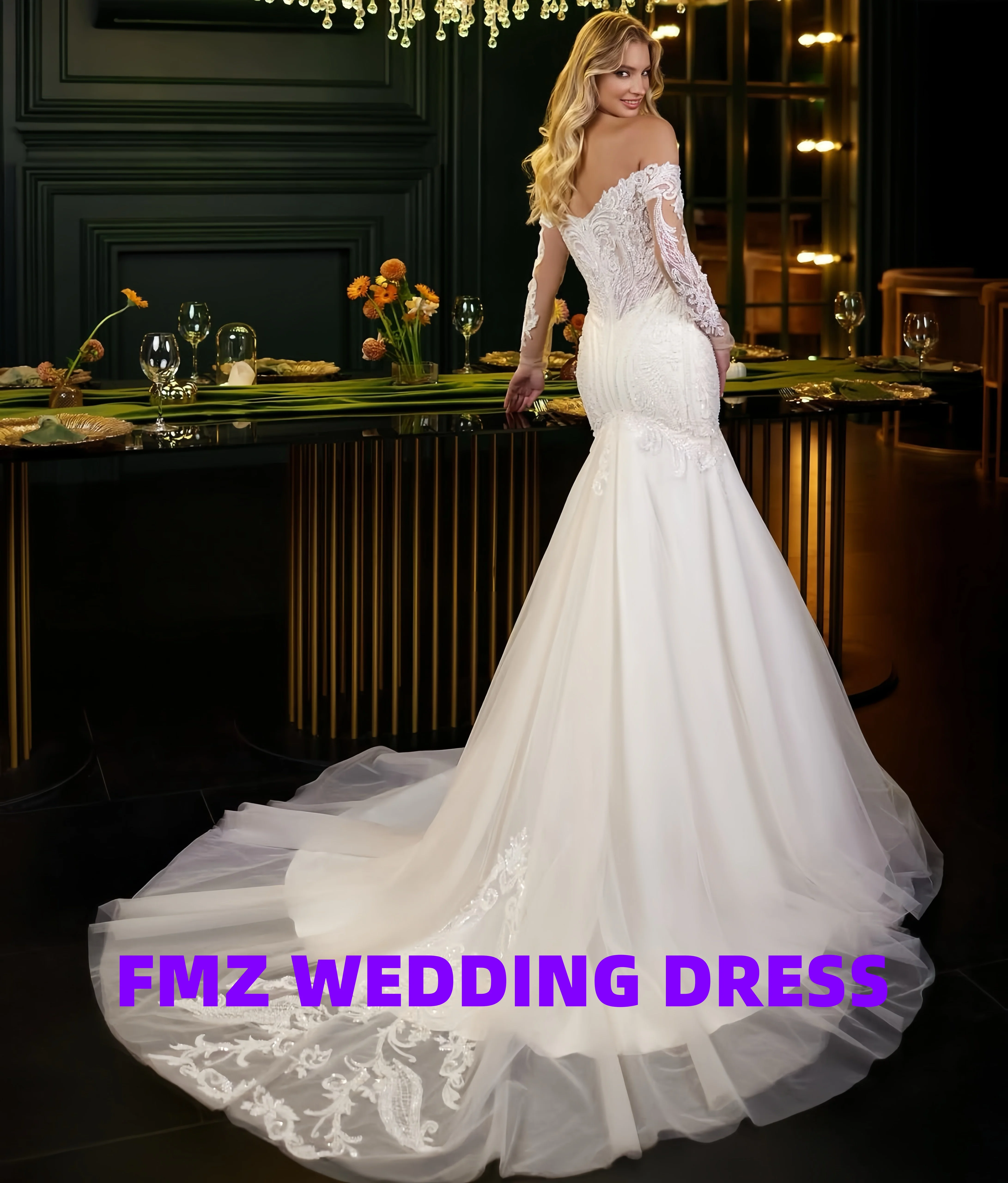 فستان زفاف حورية البحر مخصص برقبة شفافة مزين بالترتر والدانتيل وأكمام طويلة من التول فستان العروس فيستدوس دي نوفيا