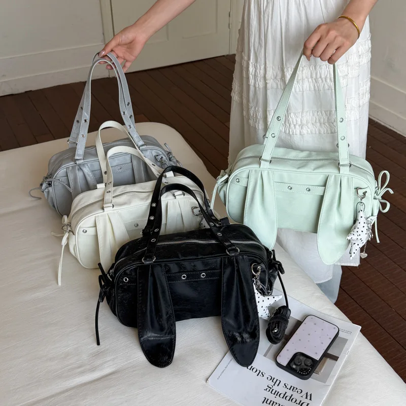 New High Quality PU Women Cute Boston Tote Bag Large Capacity Niche Design Rivet Shoulder Crossbody Bag Daily Commute Handbag