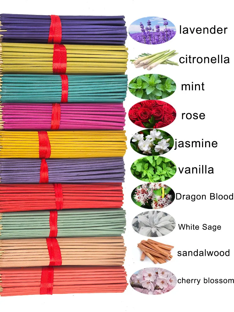 7 Sets mit je 140 Räucherstäbchen, erhältlich in vier saisonalen Sets: Rose, Lavendel, Sandelholz, Jasmin, Minze, Kirschblüte, Kräuter und Drachenblutholz, mit 20 Stäbchen pro Packung, geeignet für