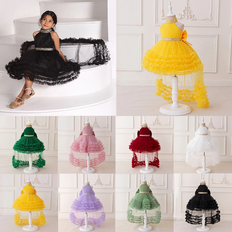 

Baby Girls Trailing Layered Dress Flower Girl Wedding Dress Toddler Detachable Bow Sleeveless Solid Formal Evening Costumes