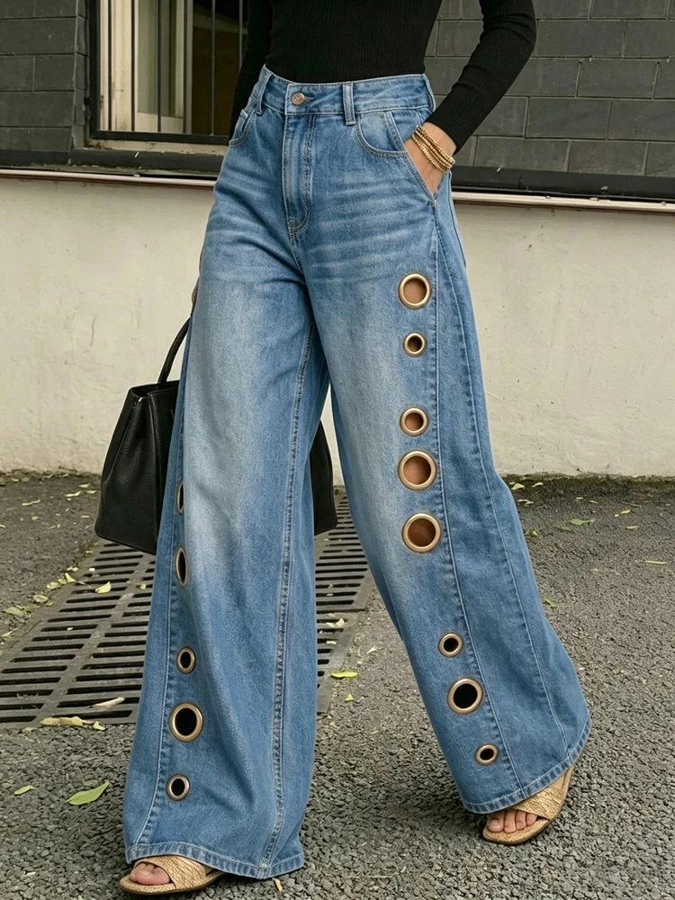 Schicke Y2k-Style Damen High-Waist Wide-Leg Jeans mit Metallösen-Ausschnitten, Hohldesign, Lose Baggy Streetwear Vintage-Hose – Detail 5