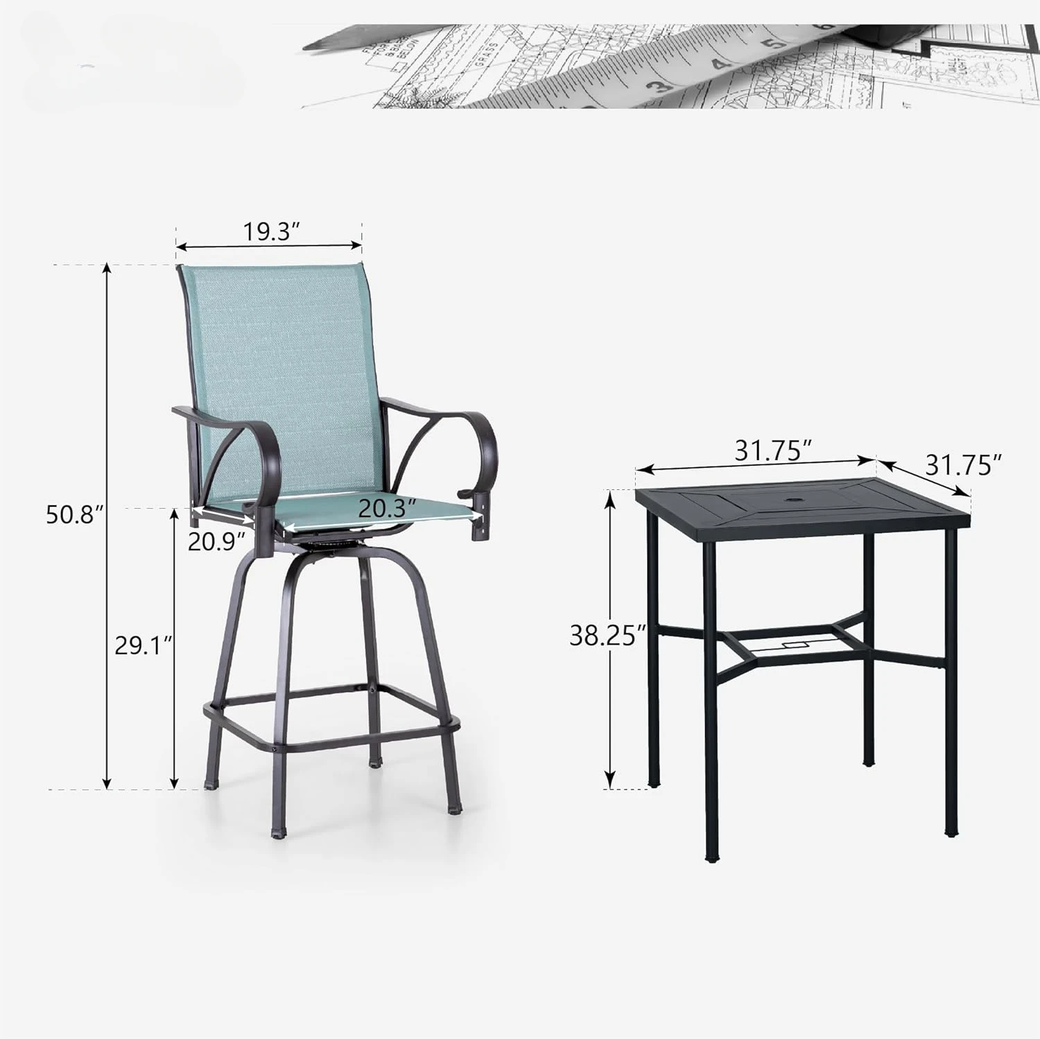 Outdoor Patio Bar Set, 2/3/4/5/6 Piece Metal, Square Bar Table and Swivel Chairs, Jacquard Lake Blue, 250 lbs Weight Capacity