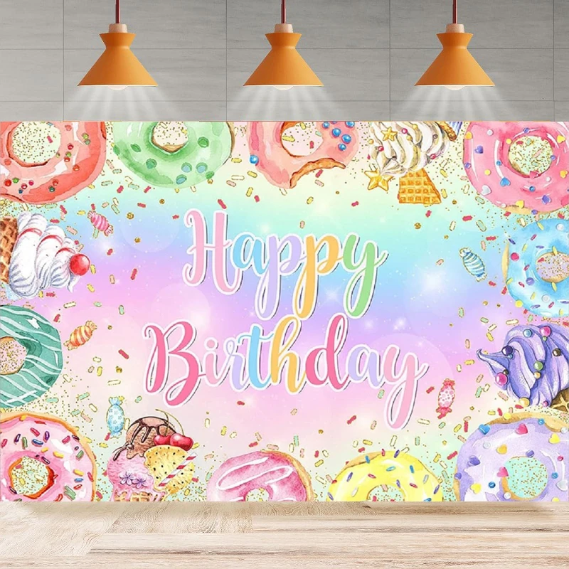 Photography Backdrop Girls Sweet Donut Candy Glitter Colorful Grow Up Background Birthday Home Party Backdrop Wall Banner Decor