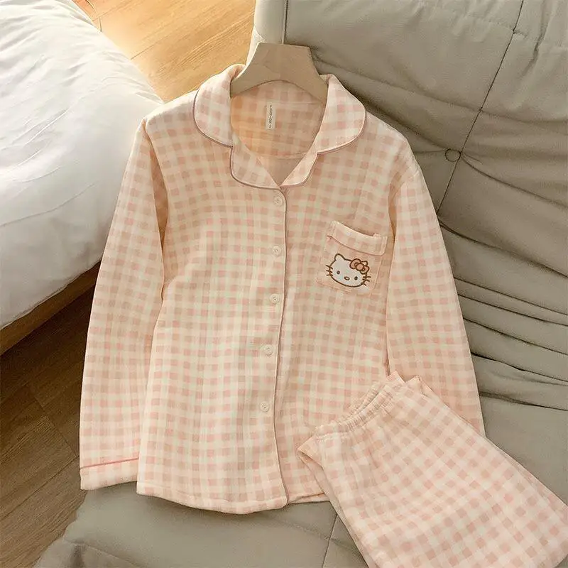 

Комплект многослойных пижам Sanrio Hello Kitty из мягкого фланеля для женщин, милый клетчатый, новый осенне-зимний уютный теплый комплект для дома