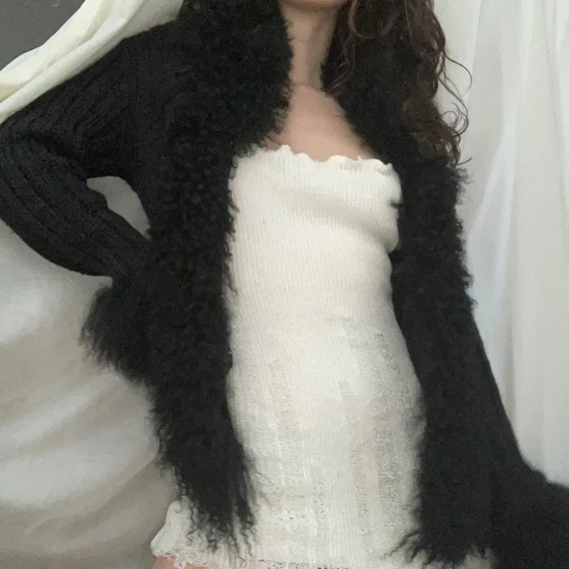 2022 winter women's V-neck slim stitching single-breasted long-sleeved blouse sexy hairy hole striped cardigan women's clothing