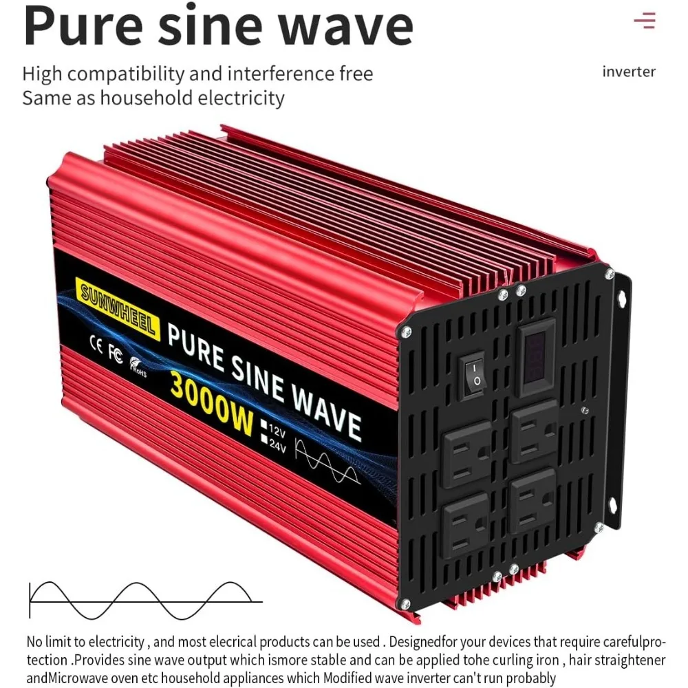 3000 Watt Pure Sine Wave Power Inverter DC 24V to AC 110V 120V Peak Power 6000W Car Inverter with 4 AC Outlets LCD Display