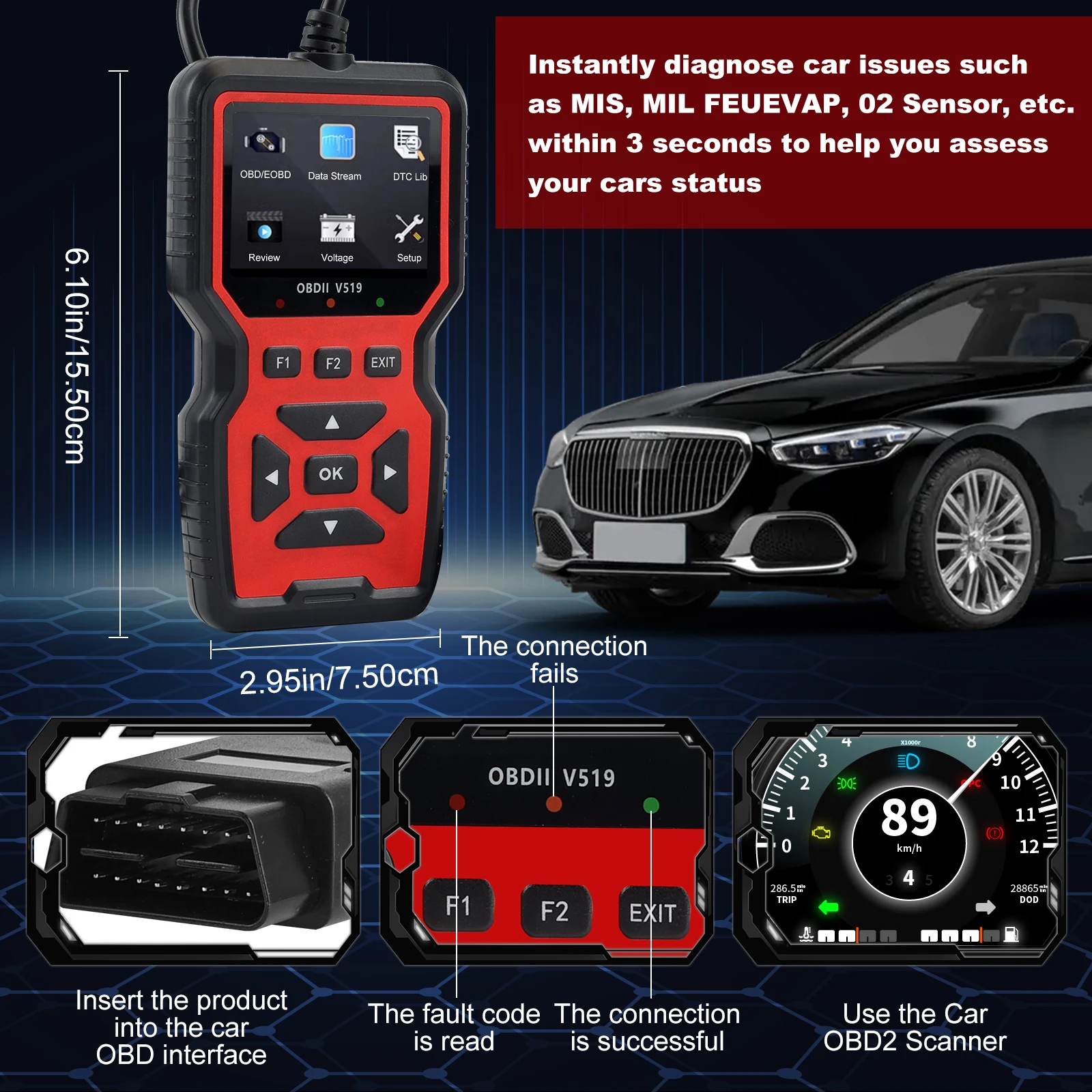 V519 RED Car Diagnostic Scanner Tool Automotive OBD2 Scanner for Engine Health Check with Color Screen 2026