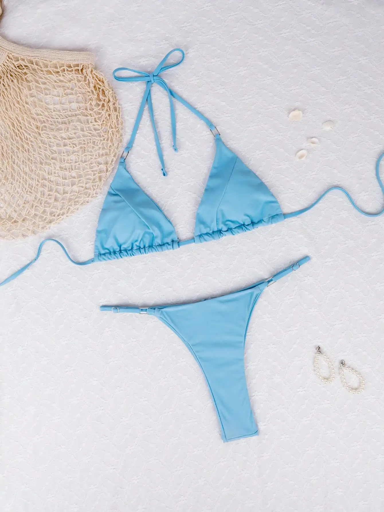 2025 Women's Sexy Blue Triangle Bikini Set - High Cut Thong Bottoms and Adjustable Straps - Perfect for Beach and Pool Parties