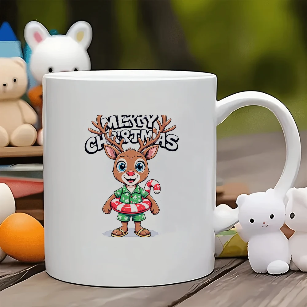 

11oz mug + cartoon Christmas deer Merry Christmas sticker + kids cup family office coffee cup Christmas gift