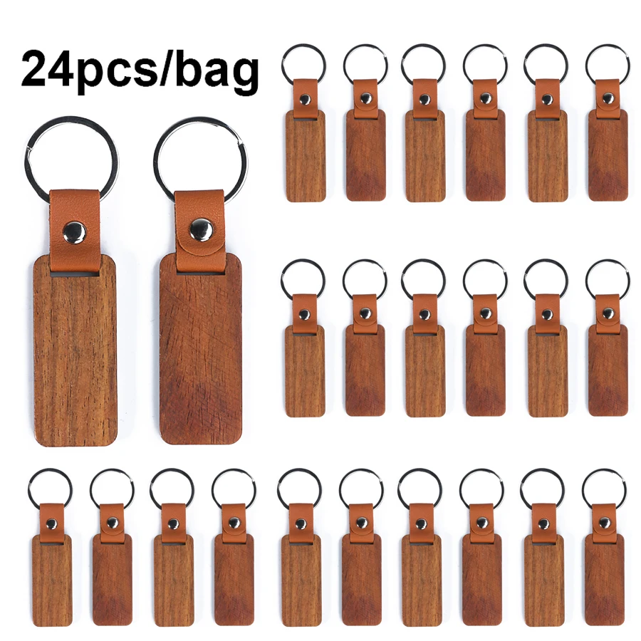 

24pcs Wood PU Leather Keychain For Men Women Rectangular Shape Pendant Keychain For Keys Jewelry Accessories