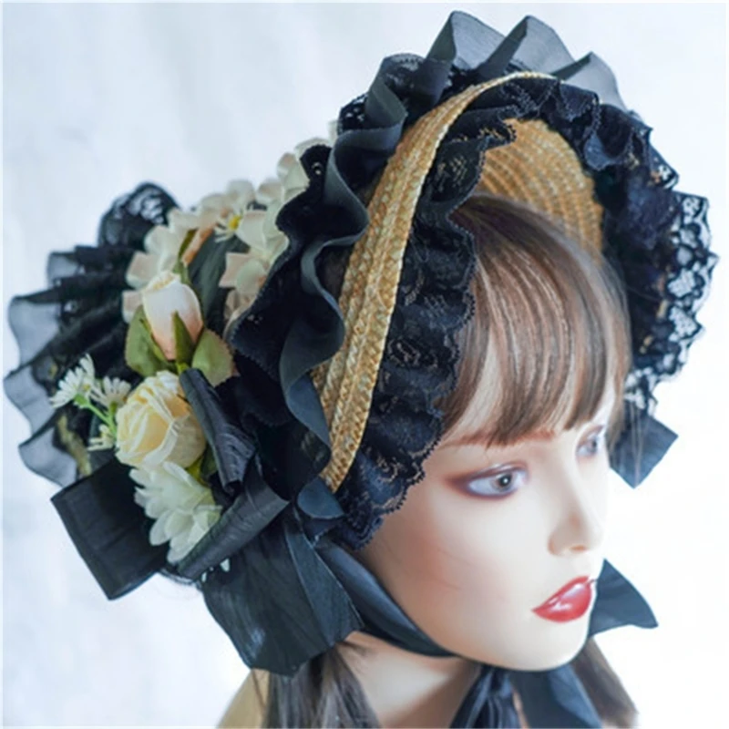 

Floral Straw Hat Lolit Straw Hat Teas Party SunHat Lace Fascinators For Women Victorian Headdress Victorian Bonnet