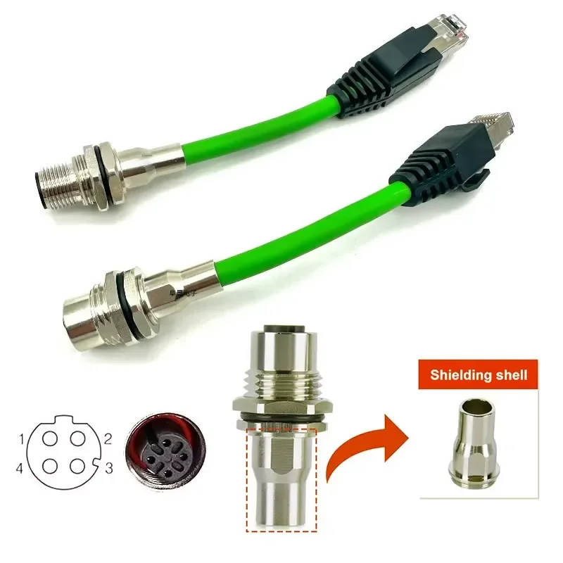 M12 Flange Seat Crystal Head Industrial-grade To RJ45 Network Cable 4 Pin A/B/D-code Shielded Aviation Plug 8-core Panel Type