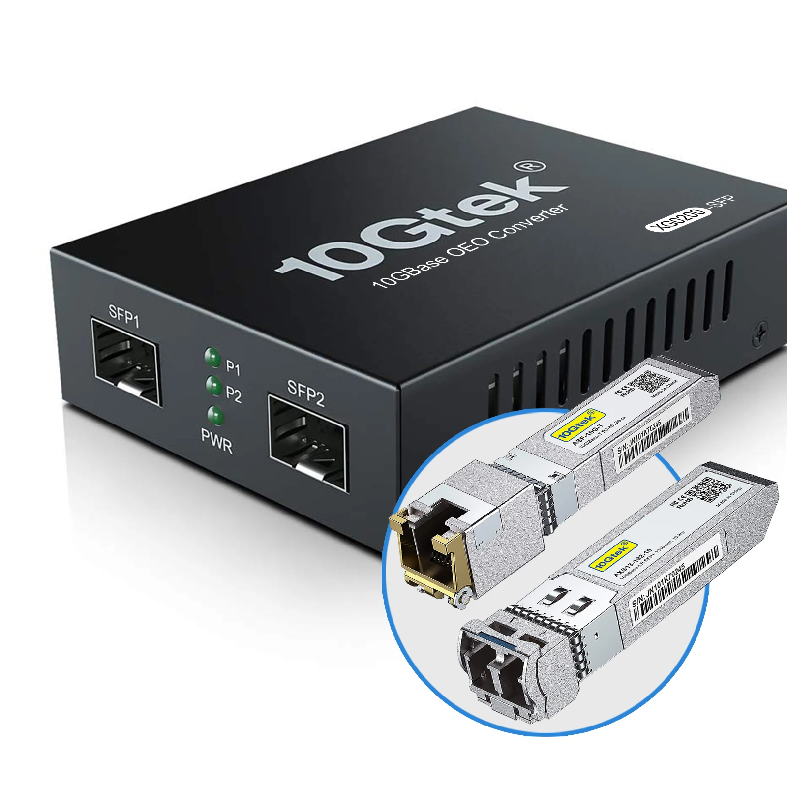 SFP+ Media Converter XG0200-SFP, 10GBase-T Reach 30 Meters, Match with Different Optical Modules, UL, 5V-1A