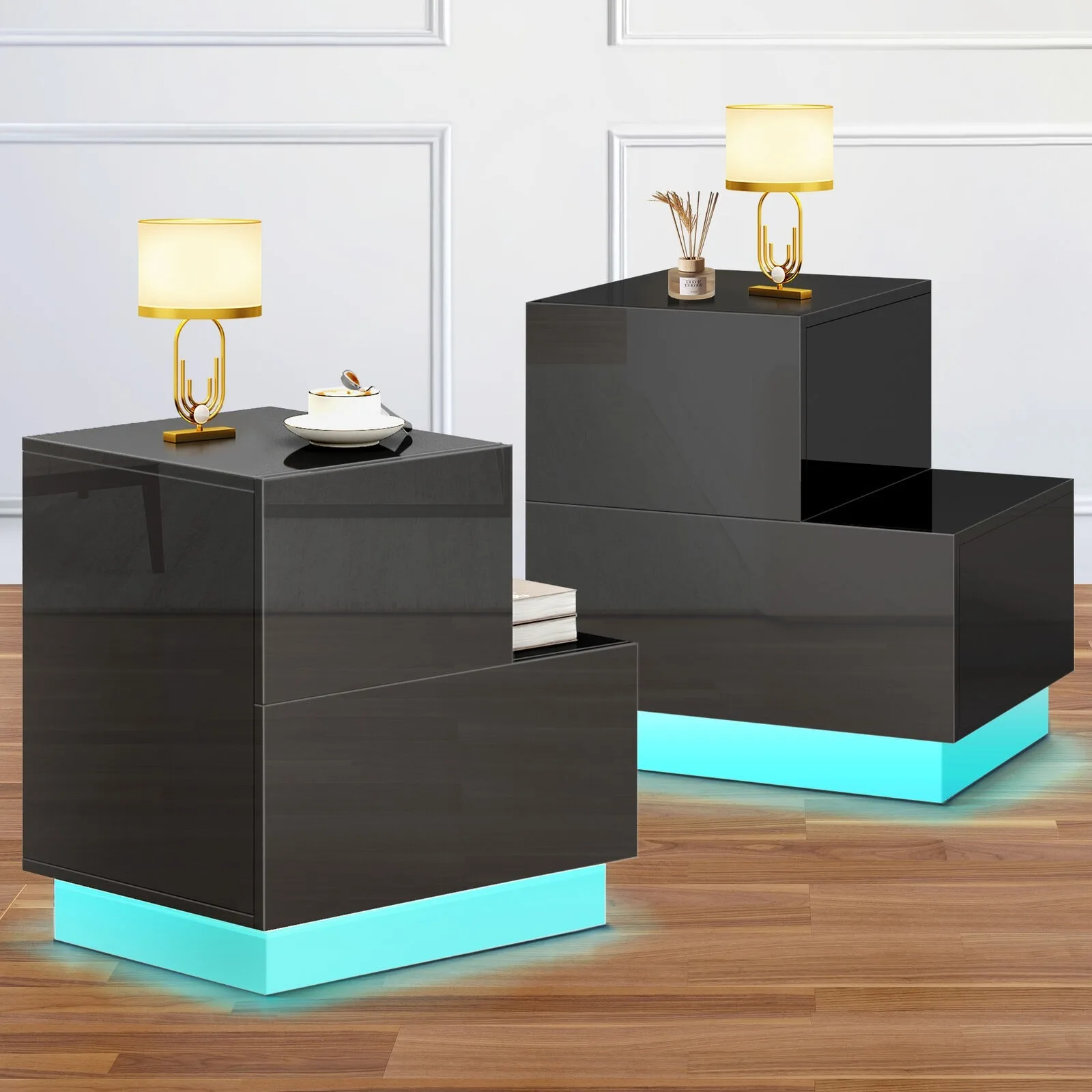 

Set of 2 LED Nightstand High Gloss with 2 Drawers Bedroom Bedside Table Black United States