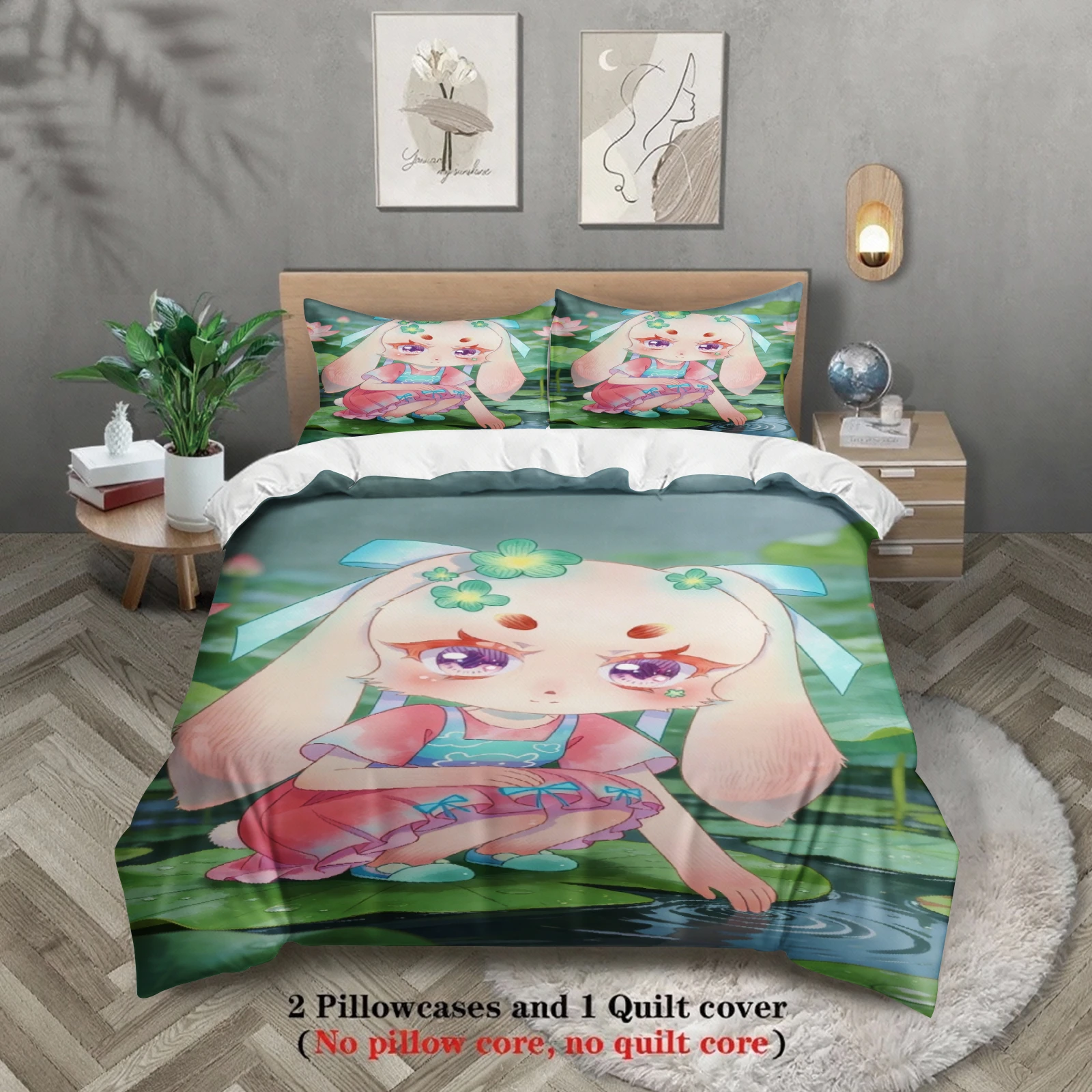 

Комплект постельного белья Softville Cozy Town из 3 предметов: пододеяльник с принтом «Кролик Лоп и Лотосовый пруд» (без наполнителя), мультяшный стиль, размеры Queen и King