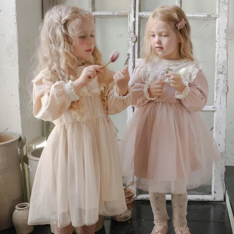 

2025 Spring Autumn New Korean Children Clothing Girls Elegant Lace Puff Mesh Long Sleeve Princess Dress