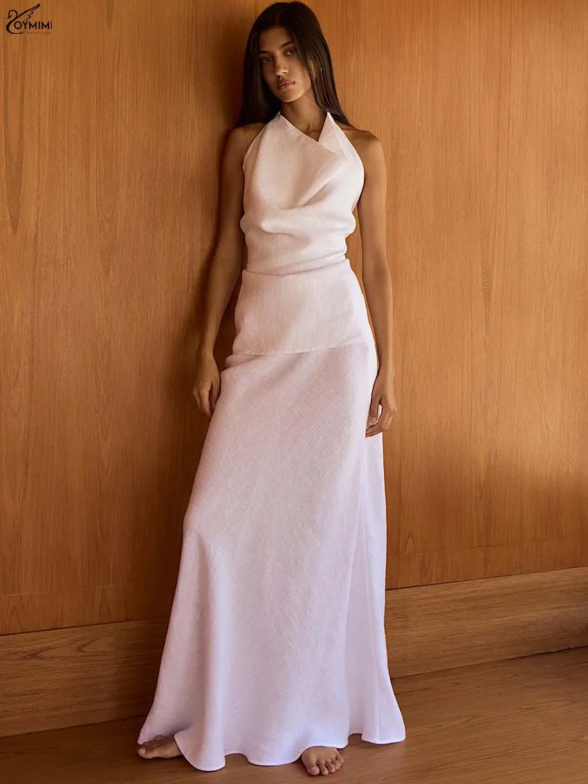 

Oymimi Fashion White Cotton Two Piece Set Woman Casual Halter Neck Open Back Lace-Up Tops And Simple Floor-Length Skirts Sets