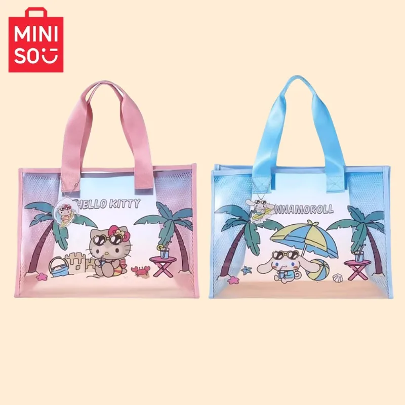 

MINISO Cute Cartoon Characters Sanrio Summer Black Leather Serie Leisure Beach Bag Cinnamoroll Transparent Portable Shoulder Bag