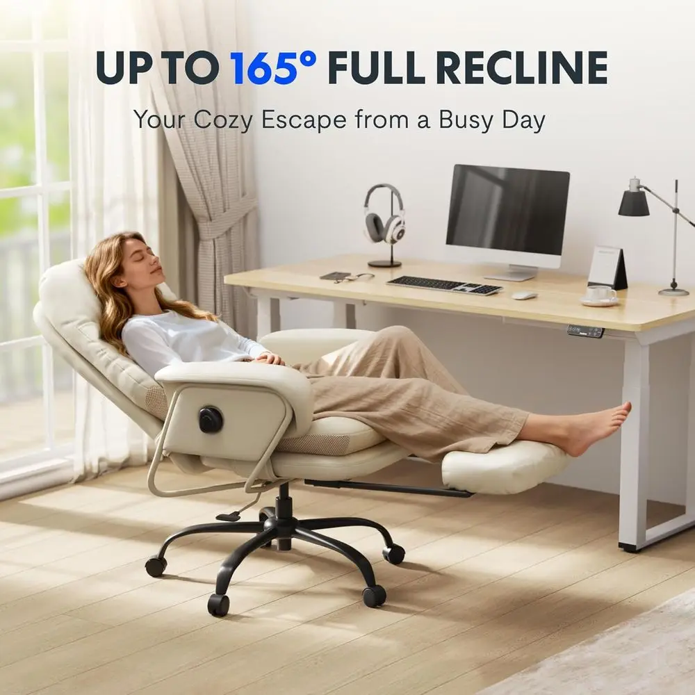 Regulowane krzesło leżakowe z kółkami, 90-165 ° Podparcie lędźwiowe, odpowiednie do domu, biura i sypialni, beżowy skóra ekologiczna