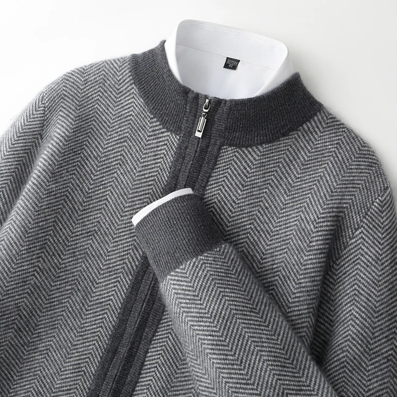 Men Mock Neck Sweater Cardigan Pants Suit Autumn Winter 100% Merino Wool Zipper Coat Thick Warm Chevron Pattern Wool Knitwear