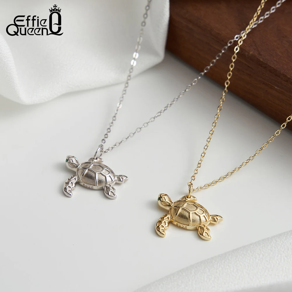 EFFIE QUEEN 925 Sterling Silver 14K Gold Pendant Necklace Cable Chain With Green Cubic Zirconia Turtle Style Animal Series SN352