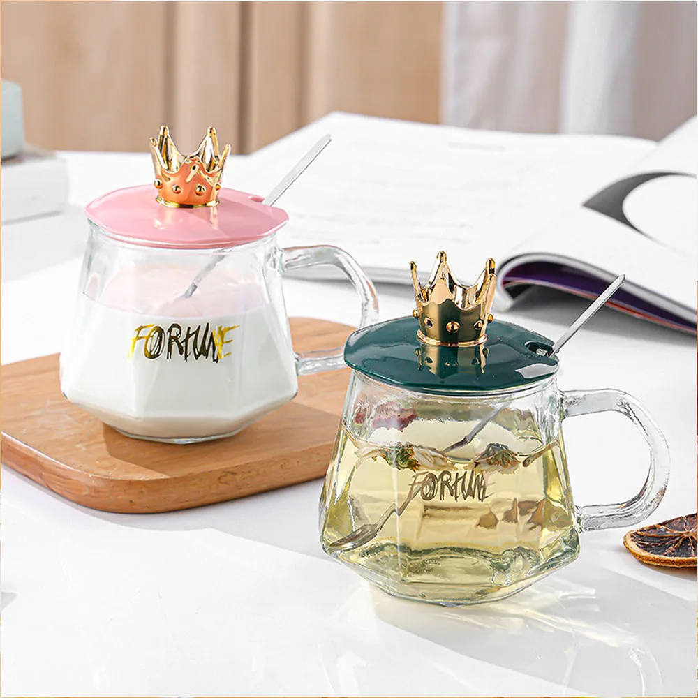 Good-looking Breakfast Cup Crown Water Cup Handle Glass Water Cup Coffee Cup with Spoon Girls Office Gift Cup ﻿