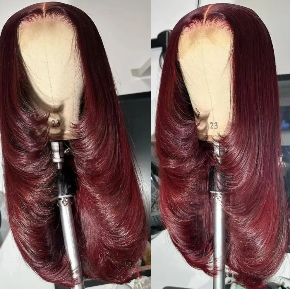 Dunkelburgunderrote geschichtete Perücke, knochengerade Spitze-Front-Perücken, vorgezupft, 13 x 4 HD-Synthetik-Spitze-Frontal-Perücke, hochwertiges Cosplay