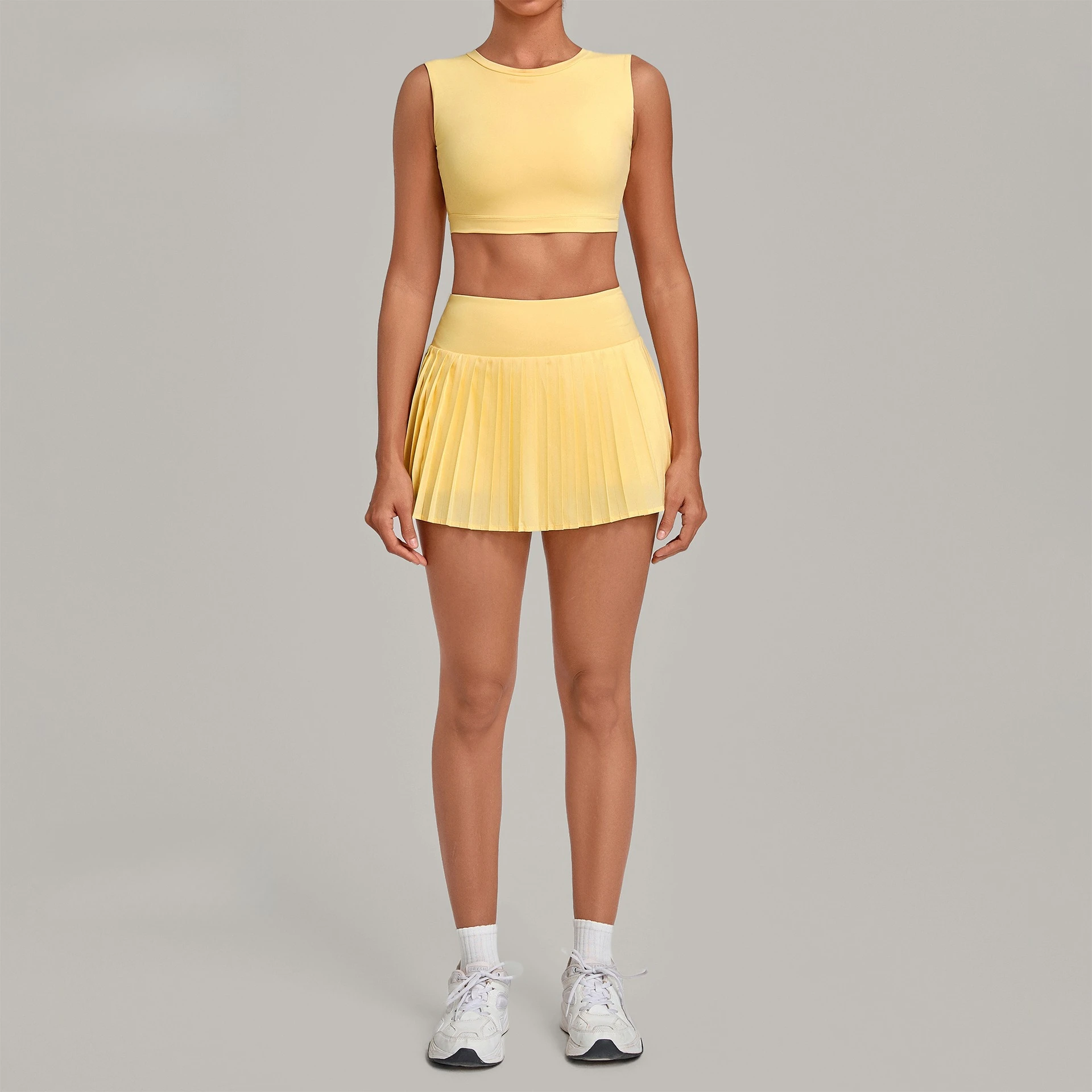 2Pcs Women Tennis Skirt Set Yoga Tank Crop Top+Pleated Tennis Skirt Built-in Shorts High Waist Plus Size Golf Skort Athletic Set