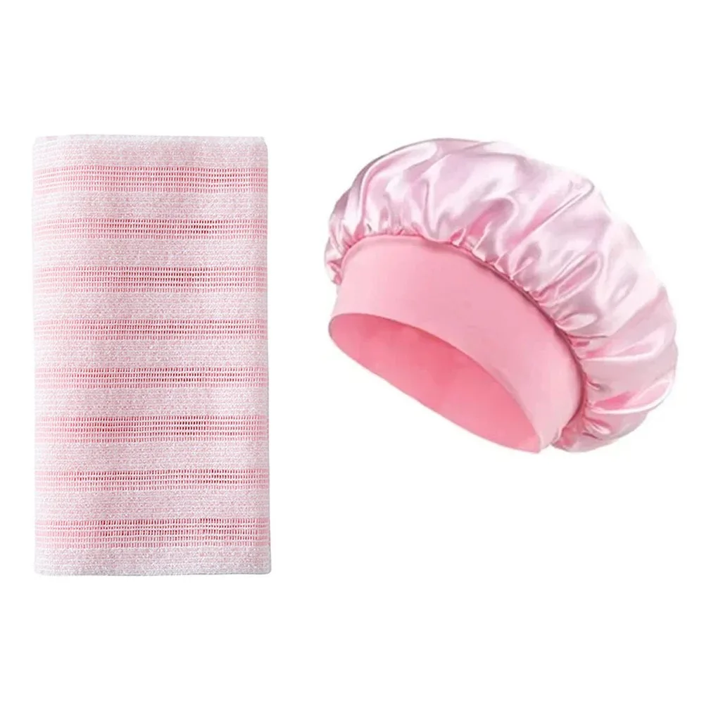 2Pcs Satin Shower Bonnet+Exfoliating Back Bath Towel Set,Wide Band Black Sleep Hair Cap Long Body Scrub Wash Cloth Bathroom Kit