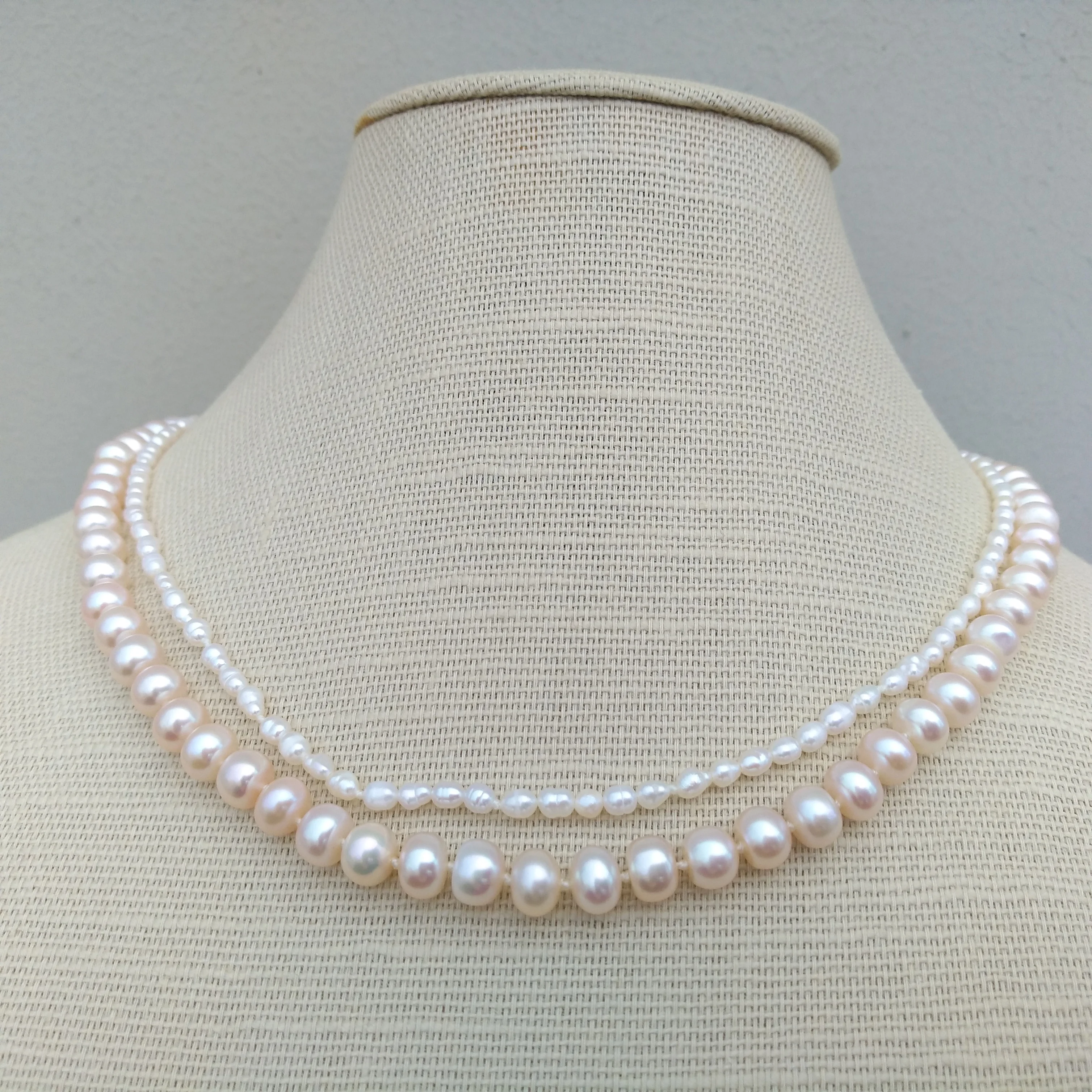 2rows Design Pretty Naturl AKOYA White Pink Pearl Necklace 18